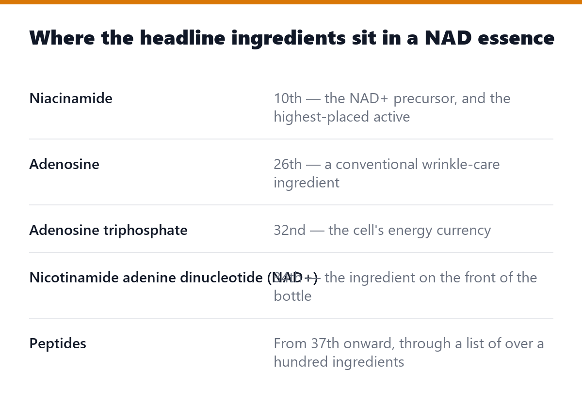 Where the headline ingredients sit in a NAD essence